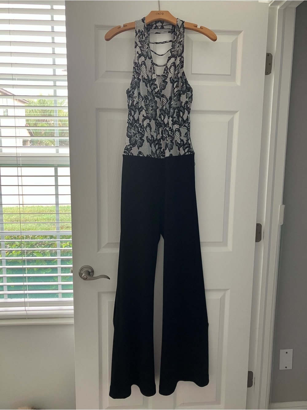 Cache Black and White Lace-Front Wide-Leg Jumpsuit